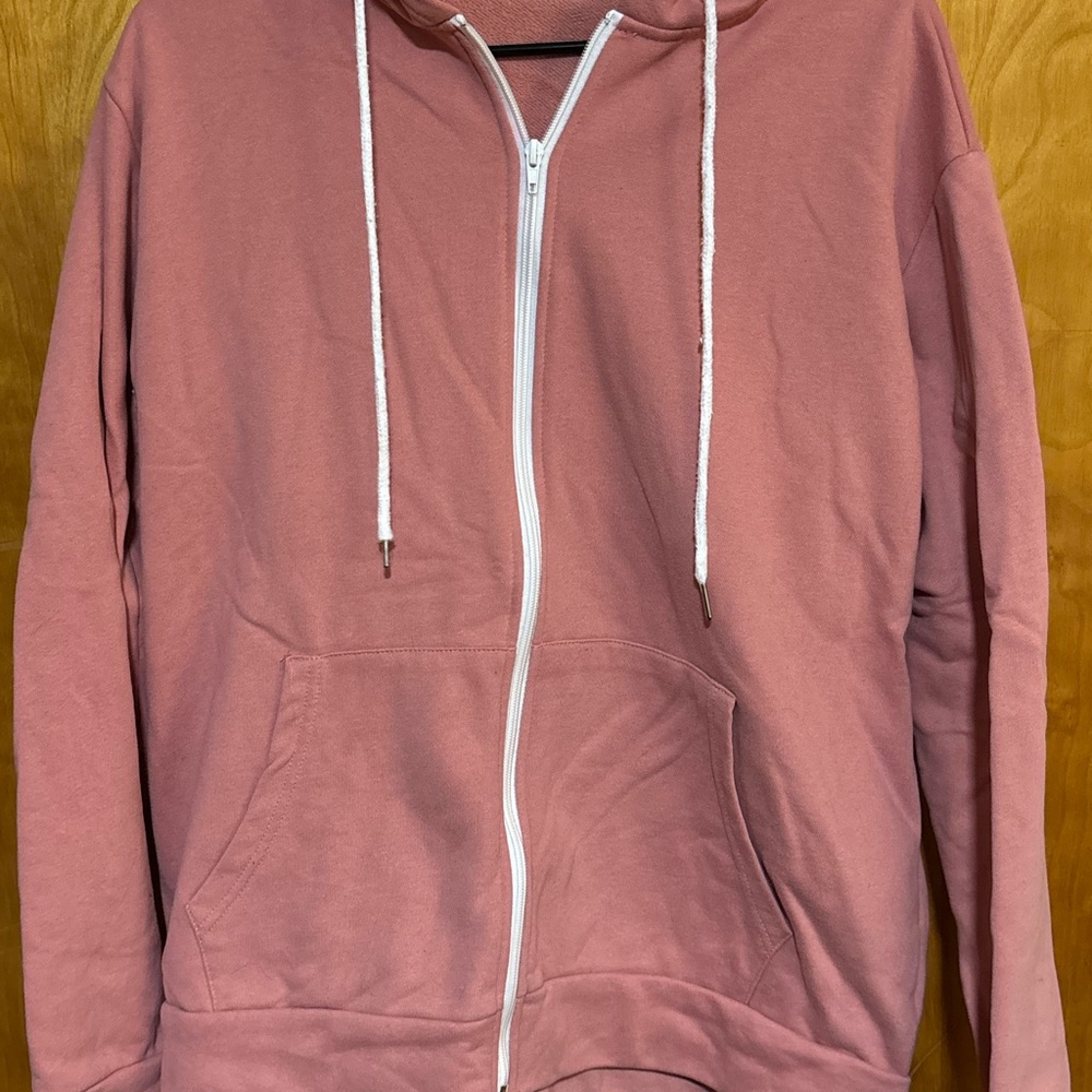 Amazon Dusty Rose Zip-Up Hoodie with White Drawstrings